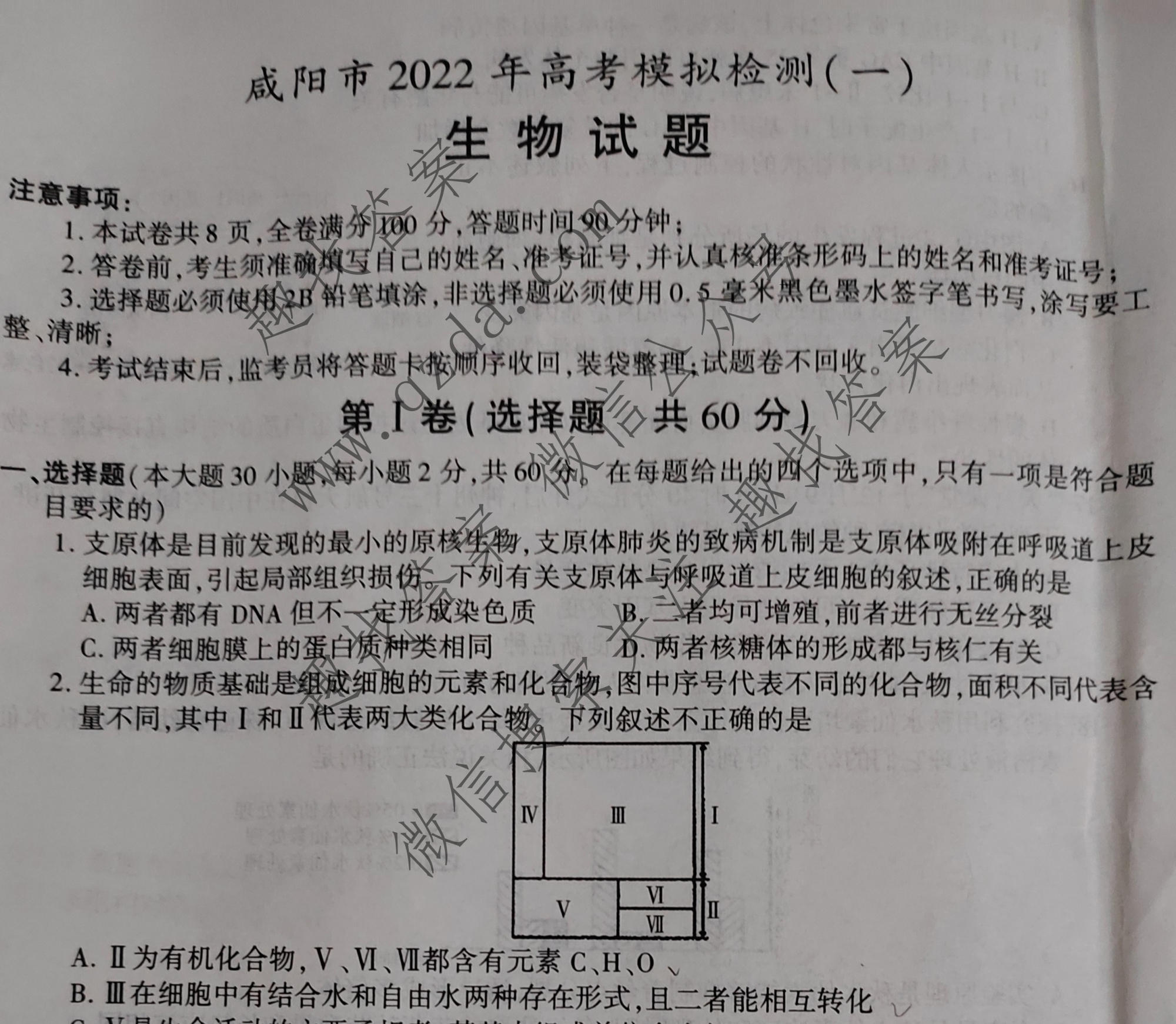 [咸阳一模]陕西省咸阳市2022年高考模拟检测(一)1生物试题