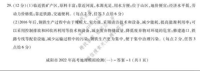 [咸阳一模]陕西省咸阳市2022年高考模拟检测(一)1地理答案