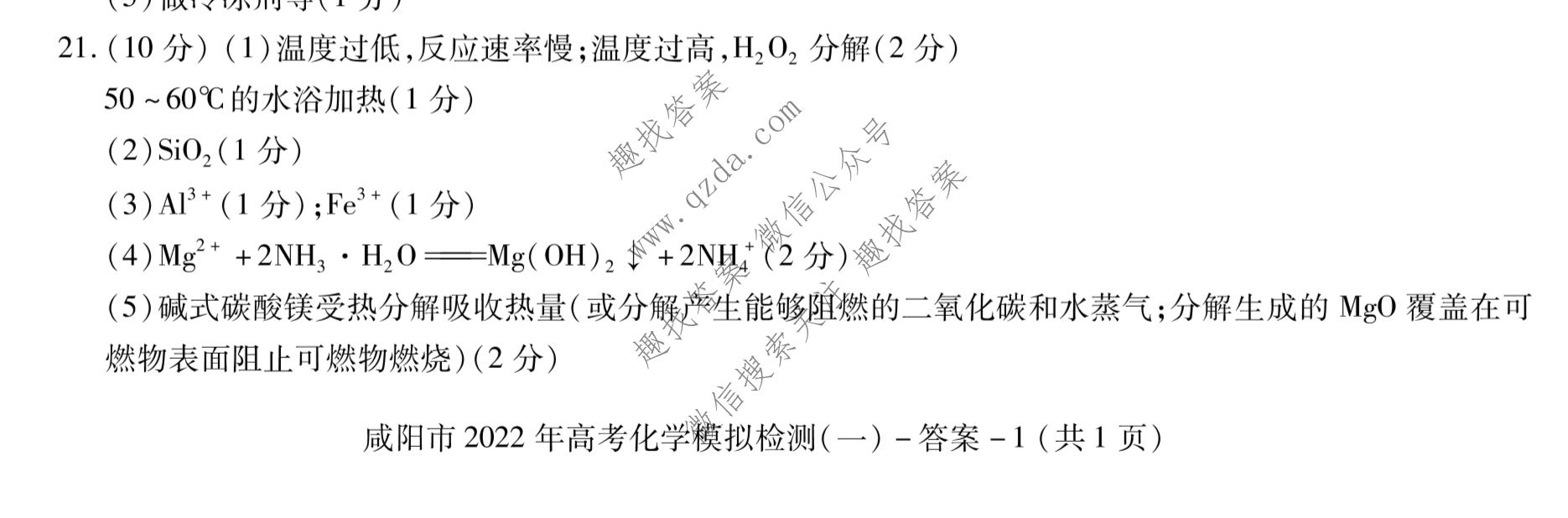 [咸阳一模]陕西省咸阳市2022年高考模拟检测(一)1化学答案