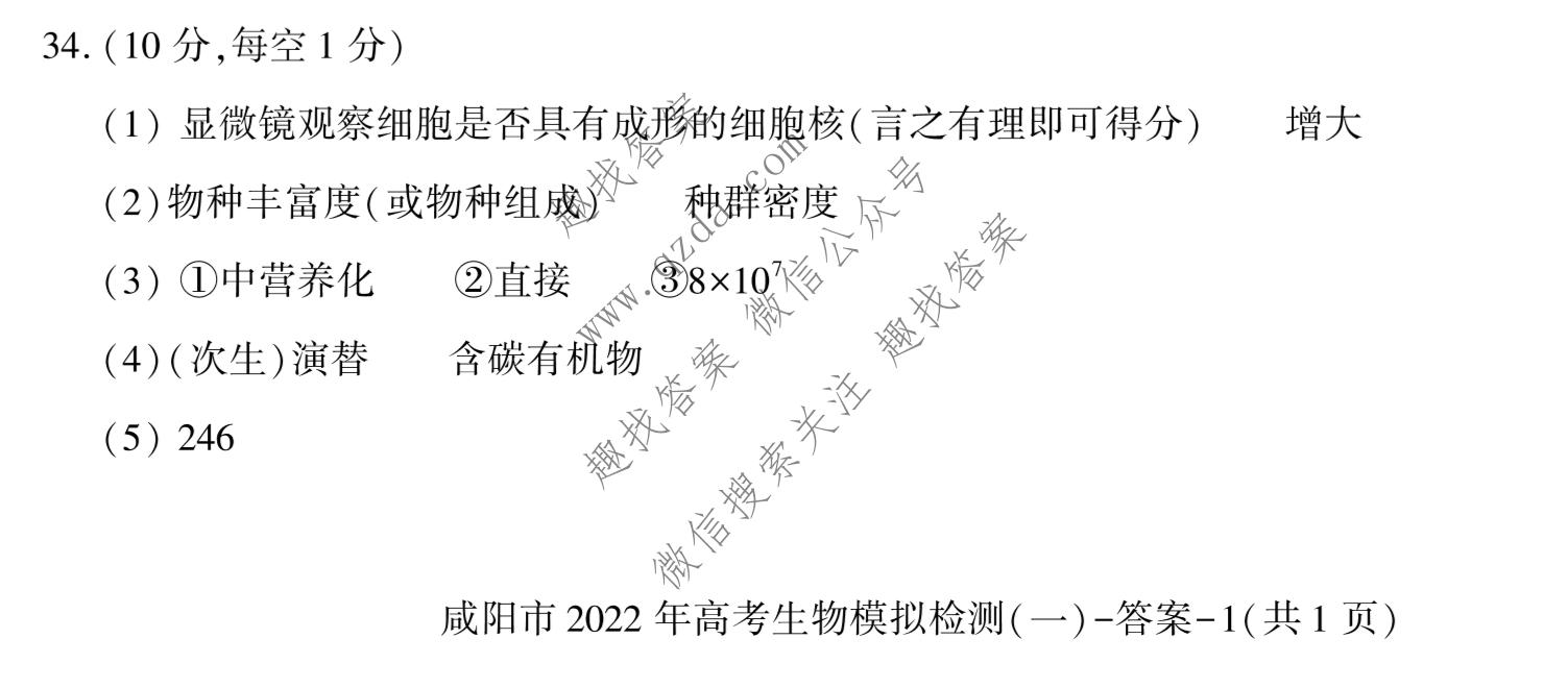 [咸阳一模]陕西省咸阳市2022年高考模拟检测(一)1生物答案