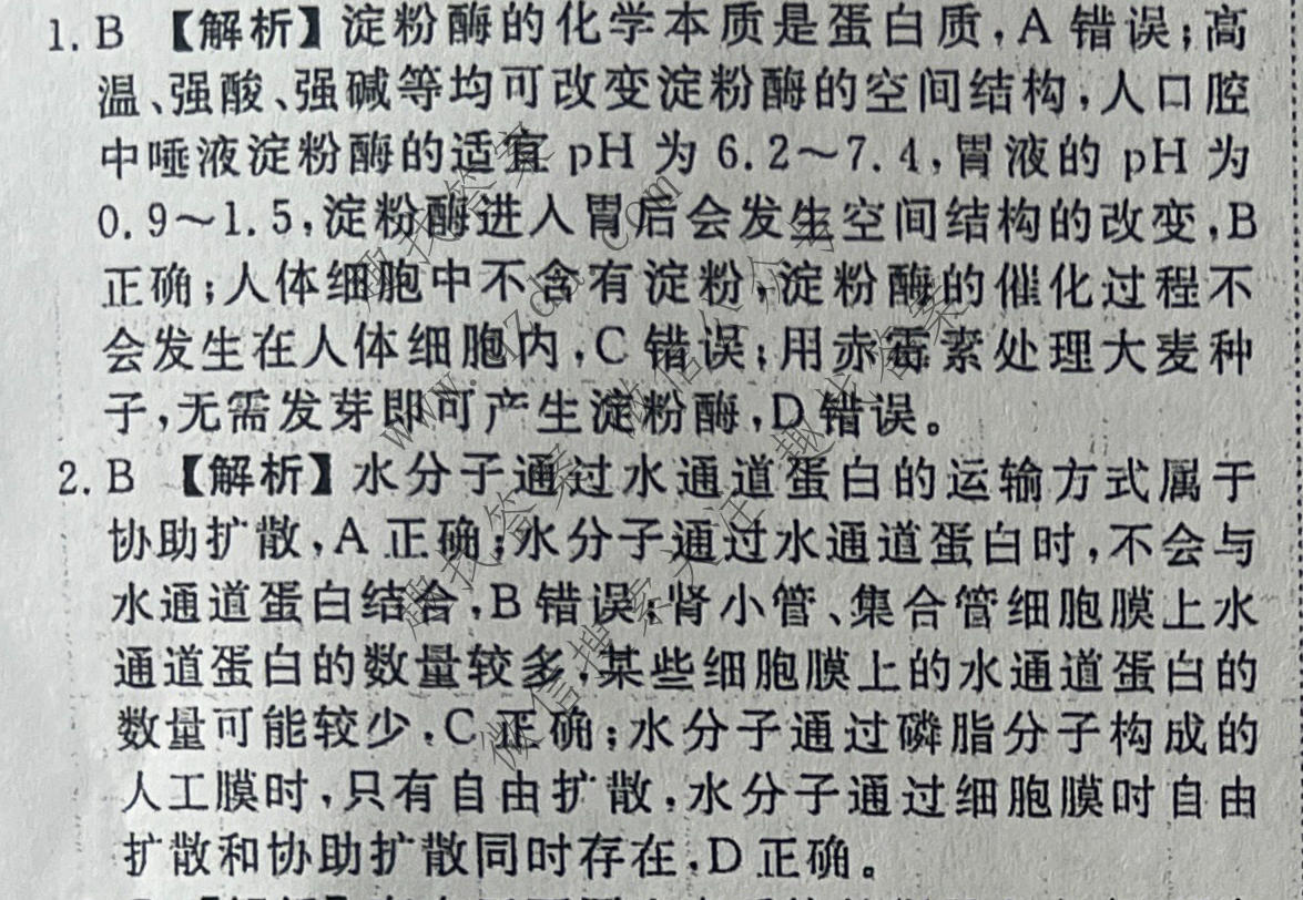 衡水金卷先享题 2026年高考压轴冲刺(一)1生物学HN答案