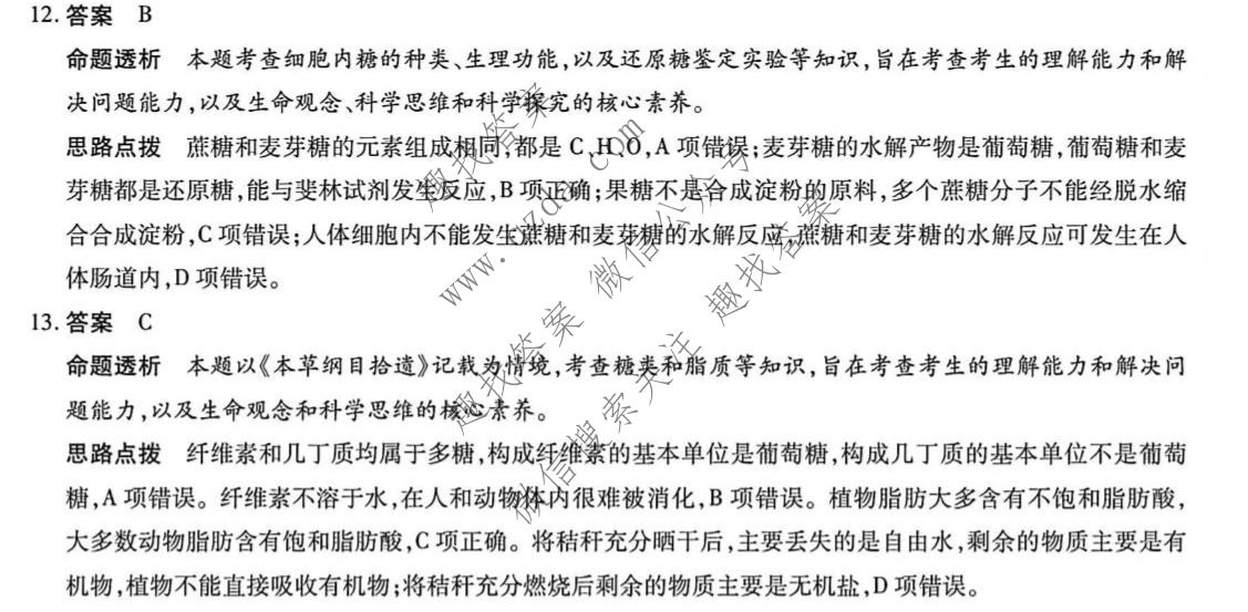 天一大联考 安徽省2026-2027学年高一10月联考生物答案